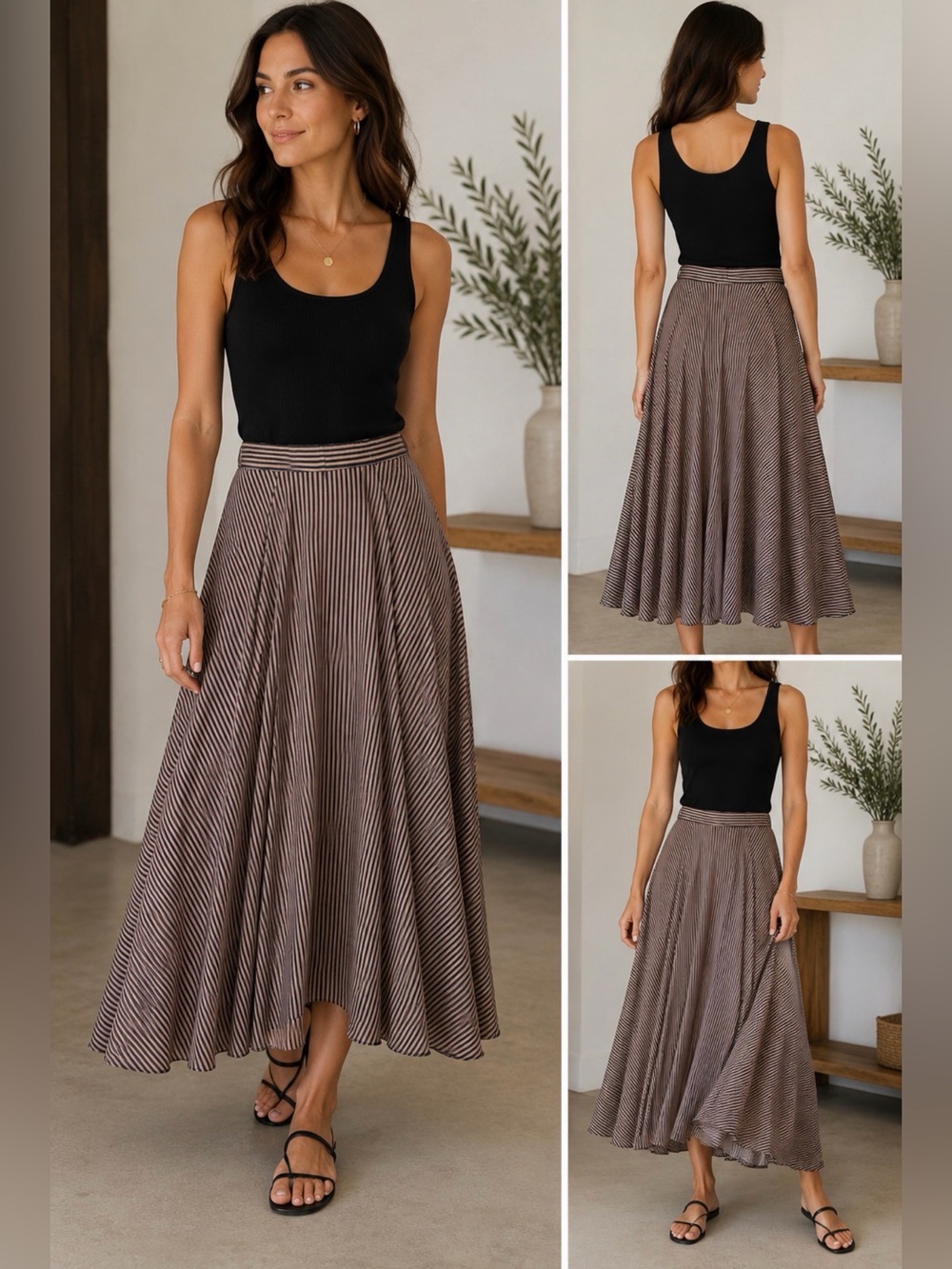 Hallhuber Striped Maxi Midi Skirt EU 36 Brown Black Full Flowy Viscose